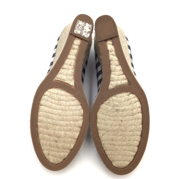 🔴SOLD🔴J. Crew Factory blue white check plaid textile espadrille wedge pumps 8 - Picture 10 of 11